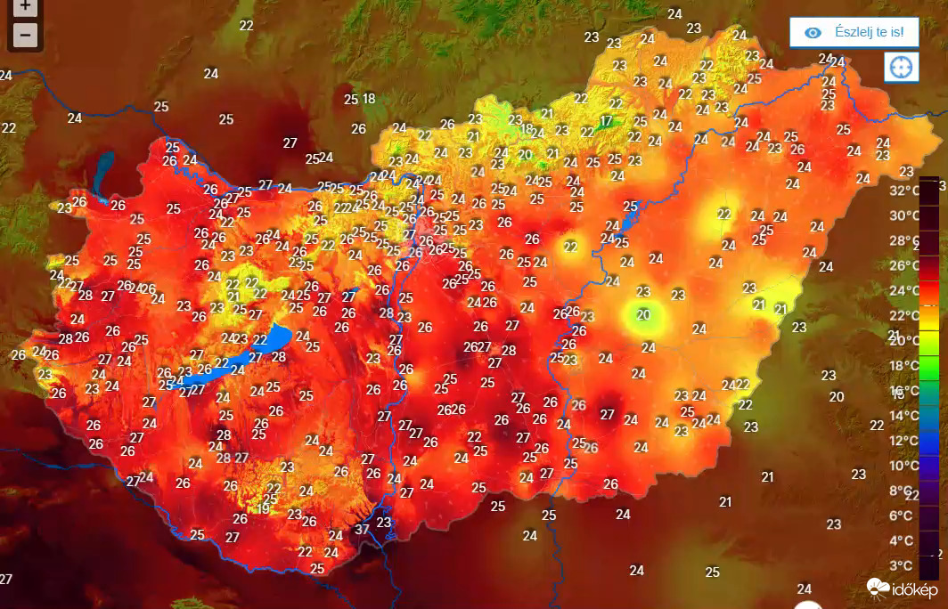 Még most is sok helyen 25 fok felett vagyunk! (Hőtérkép 2024. 04. 14. 19:08)