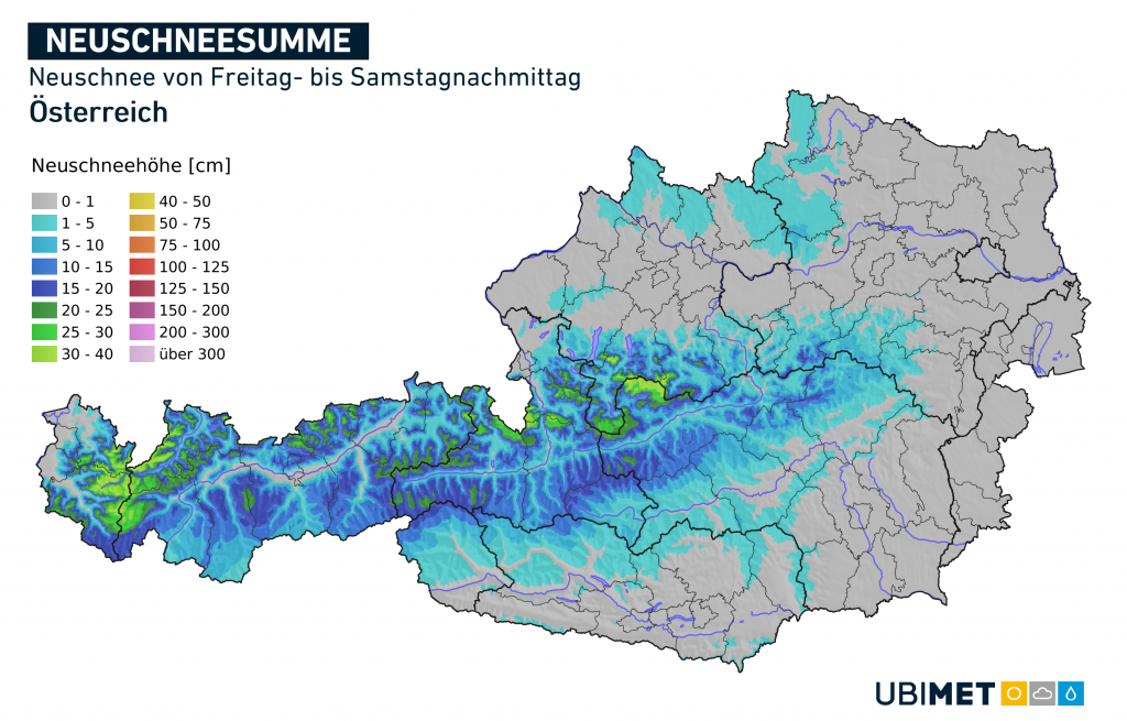 Szombat délutánig várható hómennyiség Ausztriában