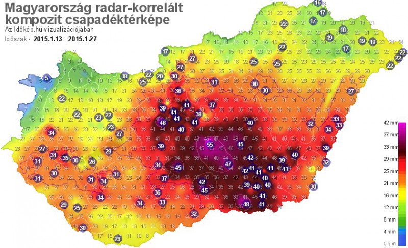 Az elmúlt 15 nap csapadékösszege