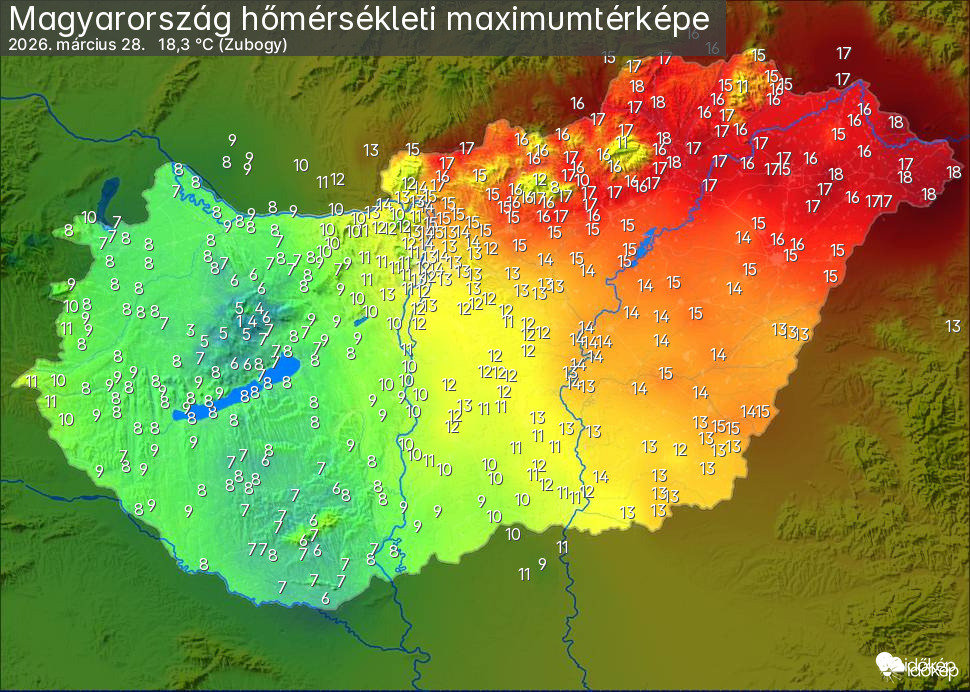 Szombati csúcshőmérsékletek
