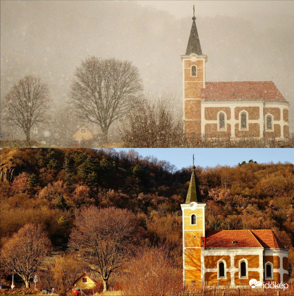 Intenzív havazásból intenzív napsütésbe, 20 percnyi különbséggel.   Szent György-hegy, Lengyel-kápolna 2019.01.02. Du. Balaton 