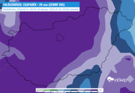 20 mm-t meghaladó csapdékösszeg valószínűsége szerdáig