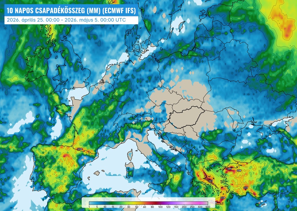 A következő 10 nap várható csapadékösszege