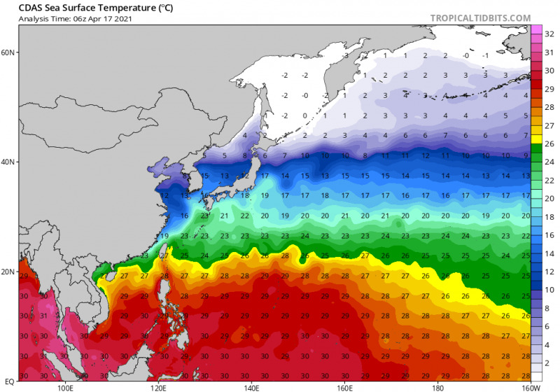 Tengerfelszín hőmérséklet (Forrás: Tropicaltidbits.com)