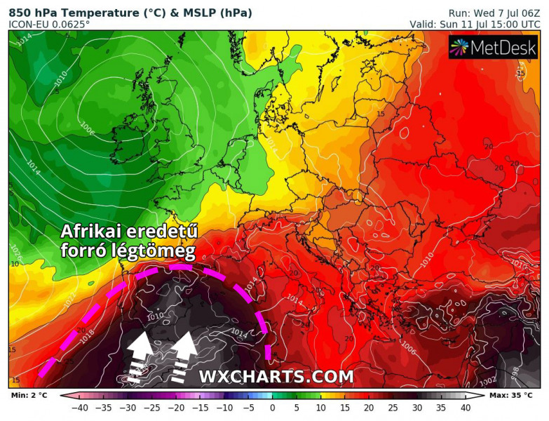 Hőhullám éri el az Ibériai-félszigetet. (Forrás: wxcharts.com)