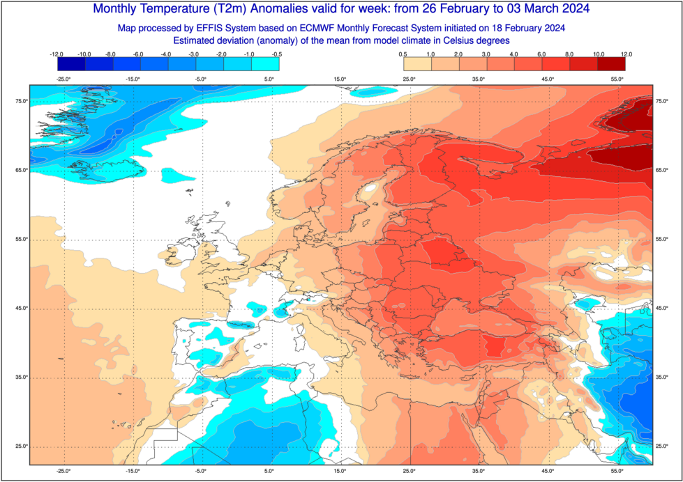 Az ECMWF hőmérsékleti anomália előrejelzése február utolsó és március első napjaiban (Térkép: Copernicus/EFFIS) 