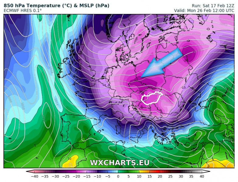 Hidegbetörés keletről 2018 februárjában (Forrás: WXCharts.com)