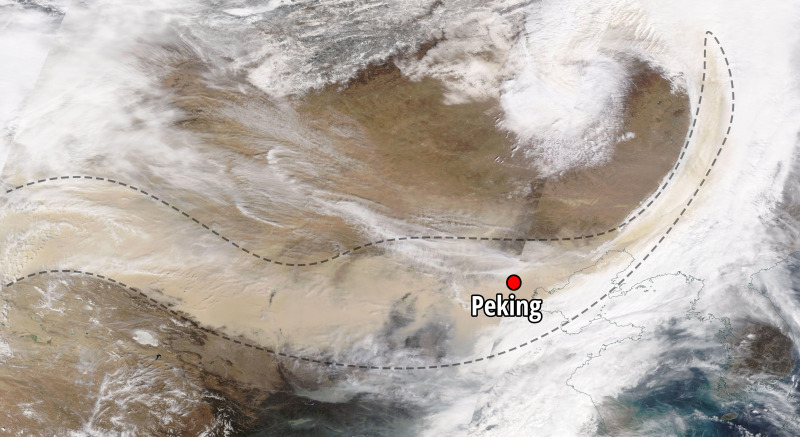 A Pekingre lecsapó homokvihar a NASA műholdképén