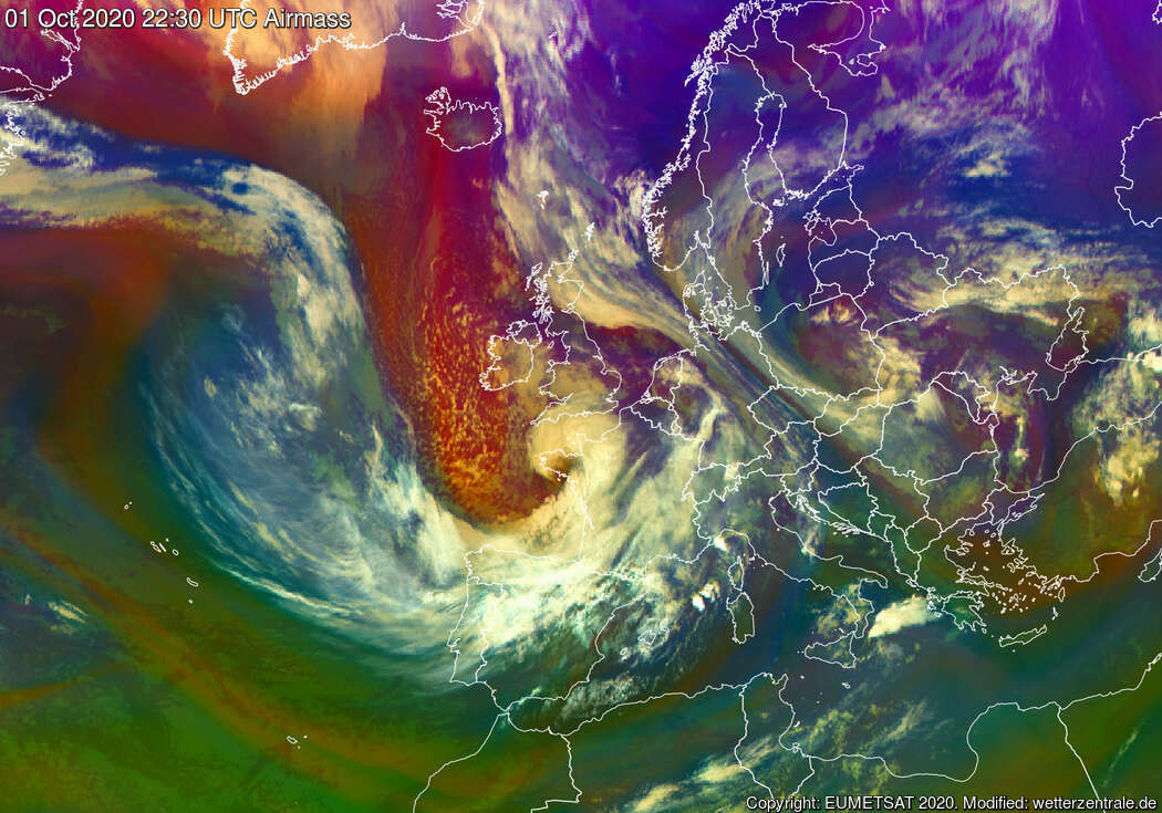 Alex viharciklon airmass RGB műholdképen (Forrás: Eumetsat/Wetterzentrale.de)