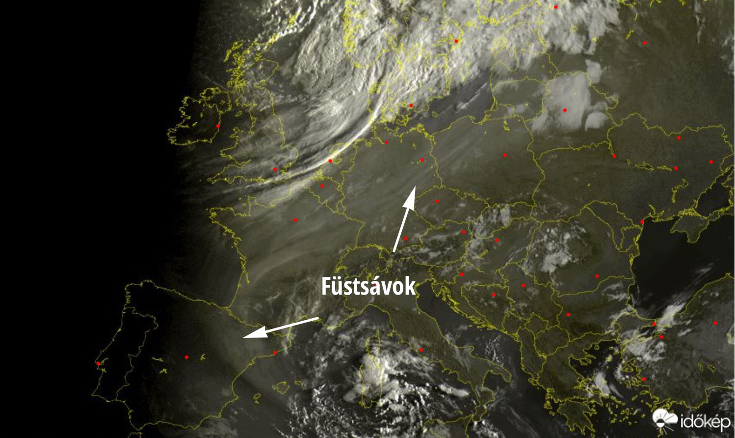Az USA-ban tomboló erdőtüzek füstje Európa fölött a Sat24 műholdfelvételén