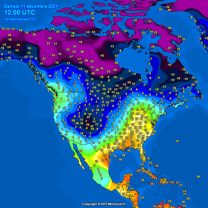 Hatalmas kontraszt az USA-n keresztül robogó hidegfront két oldala között (Forrás: Meteociel.fr)