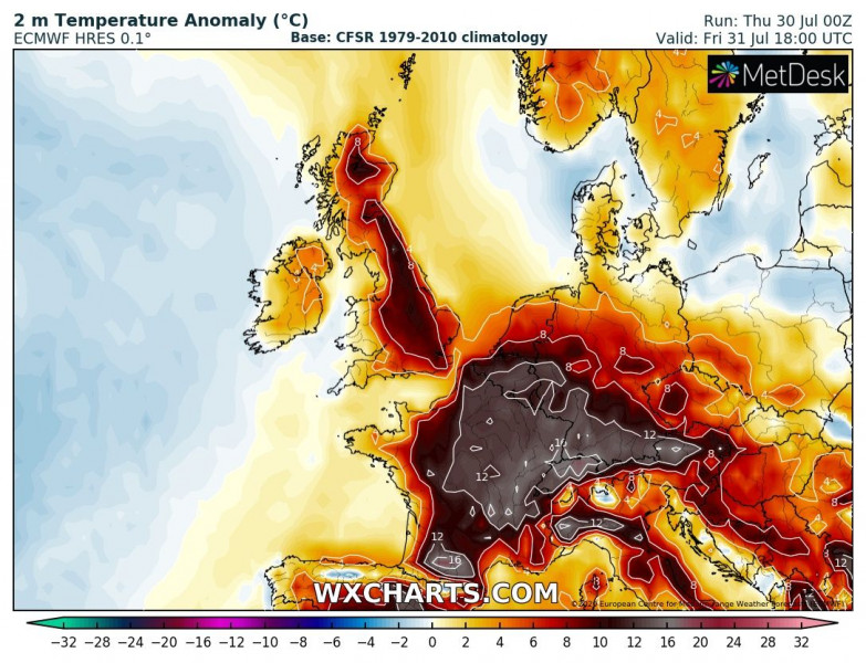 Hőhullám Nyugat-Európában Forrás: WXCharts