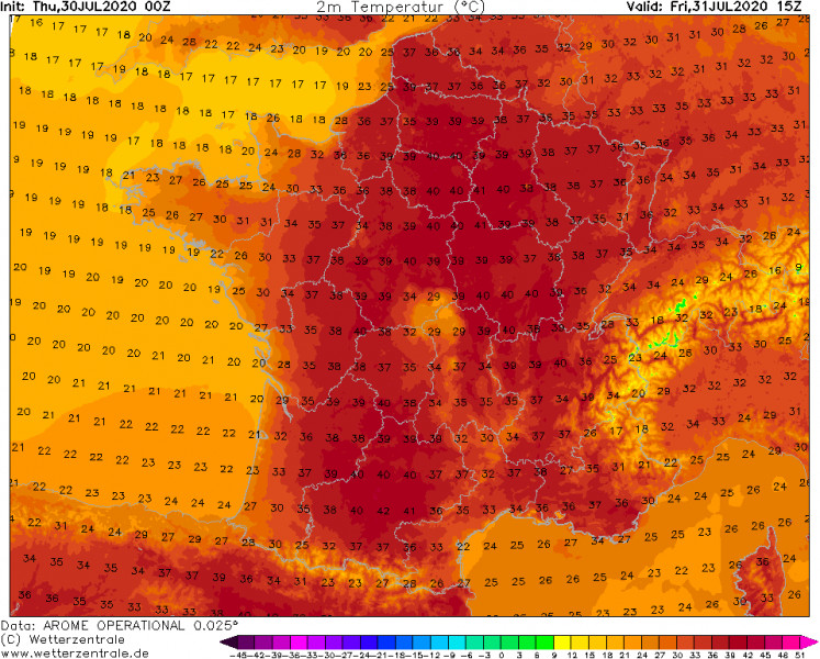 Franciaország 2 m-es hőm. előrejelzés (Wetterzentrale, AROME)