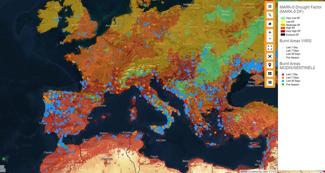 Aszály és leégett területek - Forrás: Copernicus EMS
