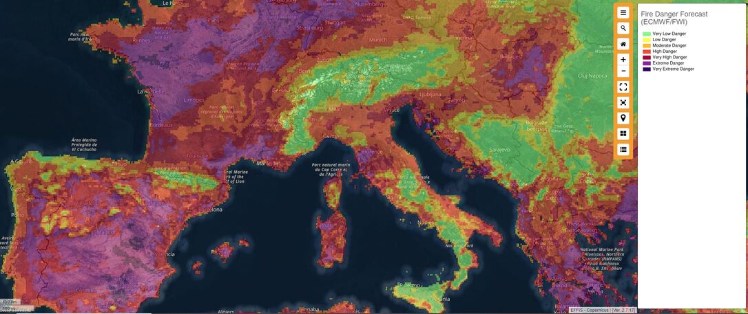 Fokozott tűzveszély Európában - Forrás: Copernicus EMS