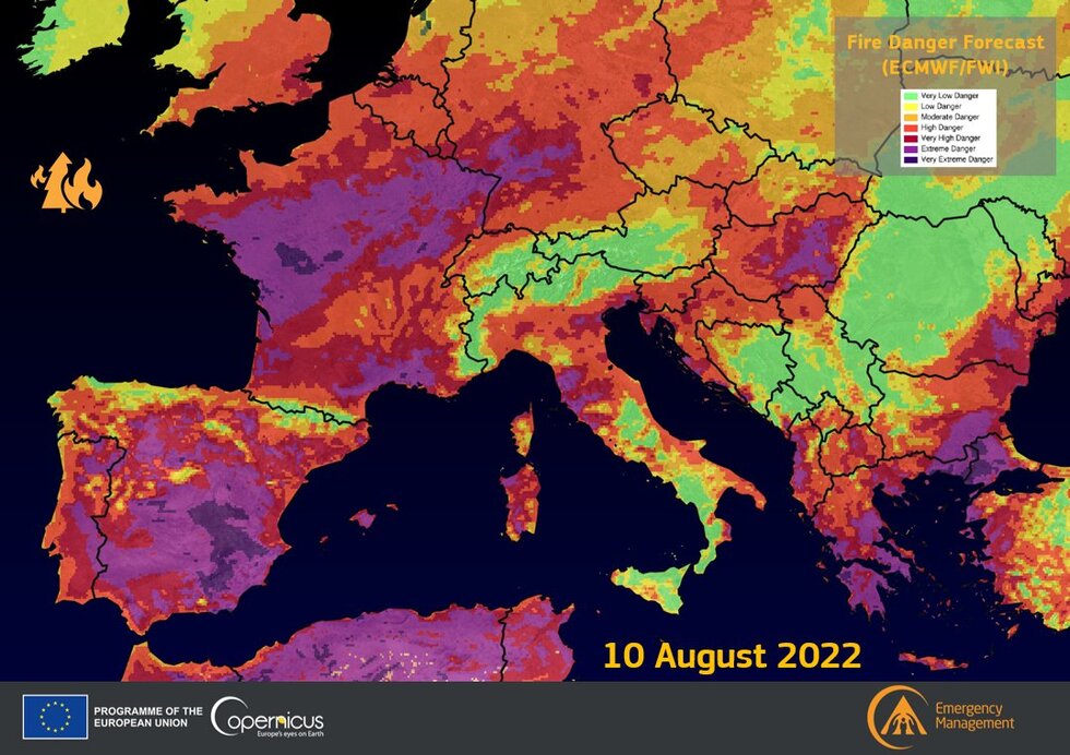 Fokozott tűzveszély Európában - Forrás: Copernicus EMS