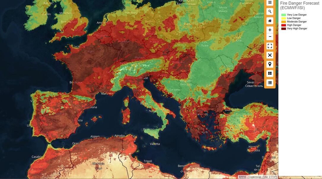 Fokozott tűzveszély Európában - Forrás: Copernicus EMS