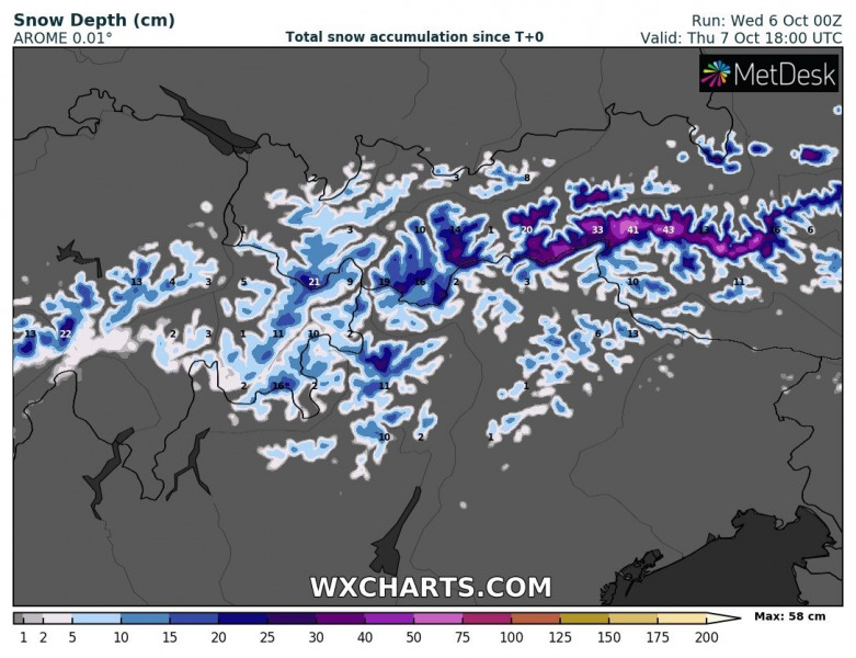 Nagy havazás jön az Alpokba - Forrás WXCharts