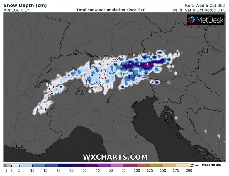 Nagy havazás jön az Alpokba - Forrás WXCharts