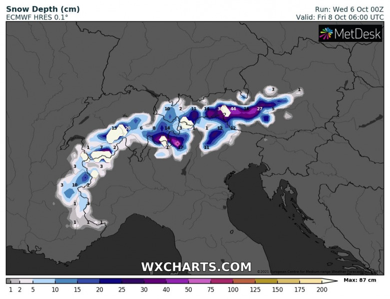 Nagy havazás jön az Alpokba - Forrás WXCharts
