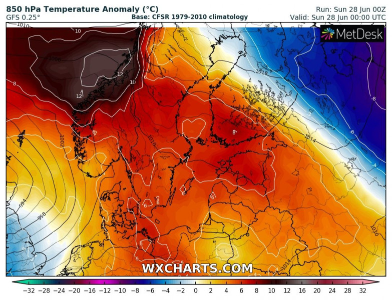 850 hPa hőm. anomália - WXCharts